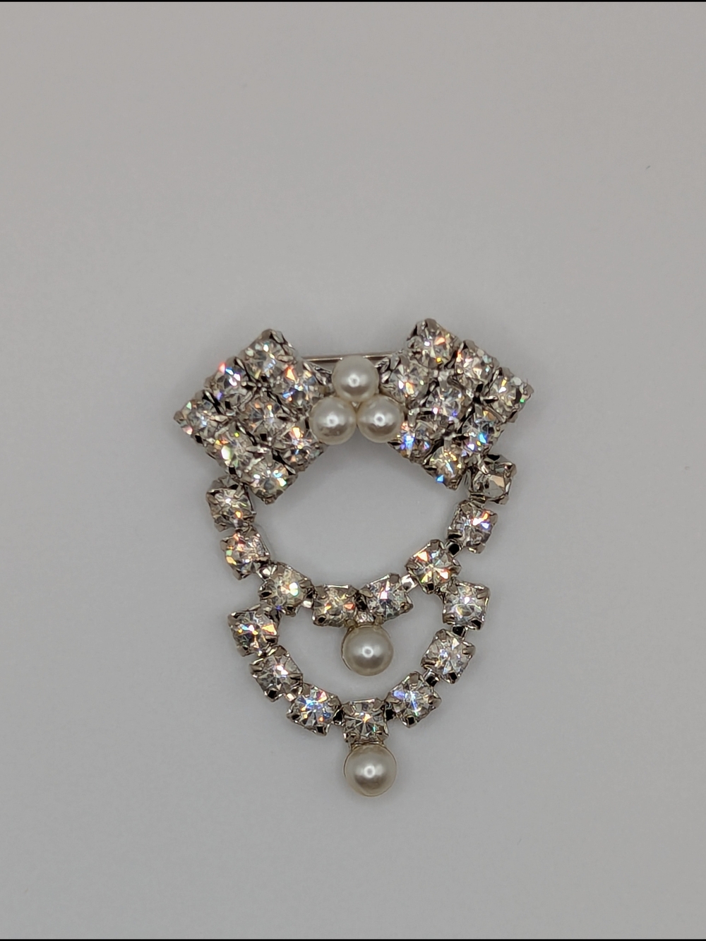 Crystal and Pearl Drop Brooch - Silver Tone